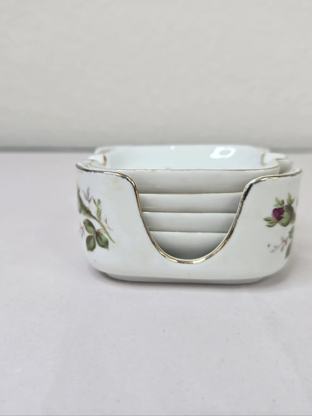 Vintage Set Of Individual Square Ashtrays Red Rose Buds Gold Trim Caddy Holder